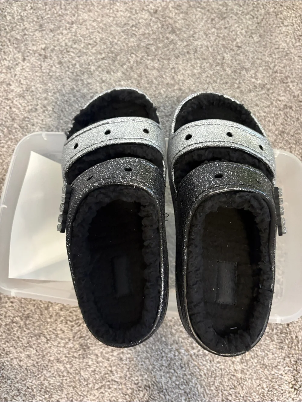 CROCS Kids Glitter Slide Sandals in Silver and Black